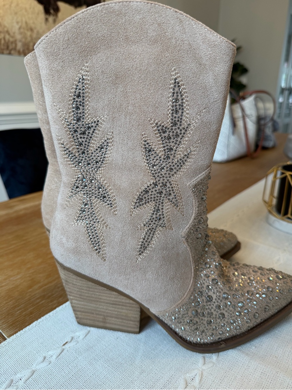 Embellished Beige Suede Western Ankle Boots